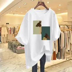 Women's Chic Printed Top Tees Summer O-neck Short Sleeve Pure Cotton Loose T-shirt Casual Basics Y2k Spliced Pullovers