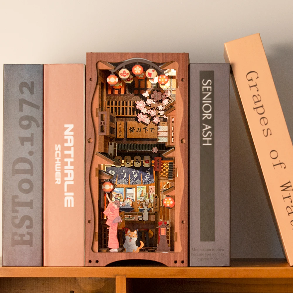 ​Cutebee DIY Book Nook Sakura Miniature Dollhouse Bookshelf Insert Japanese Wooden Bookend 3D Lighting Building for Kid Gifts