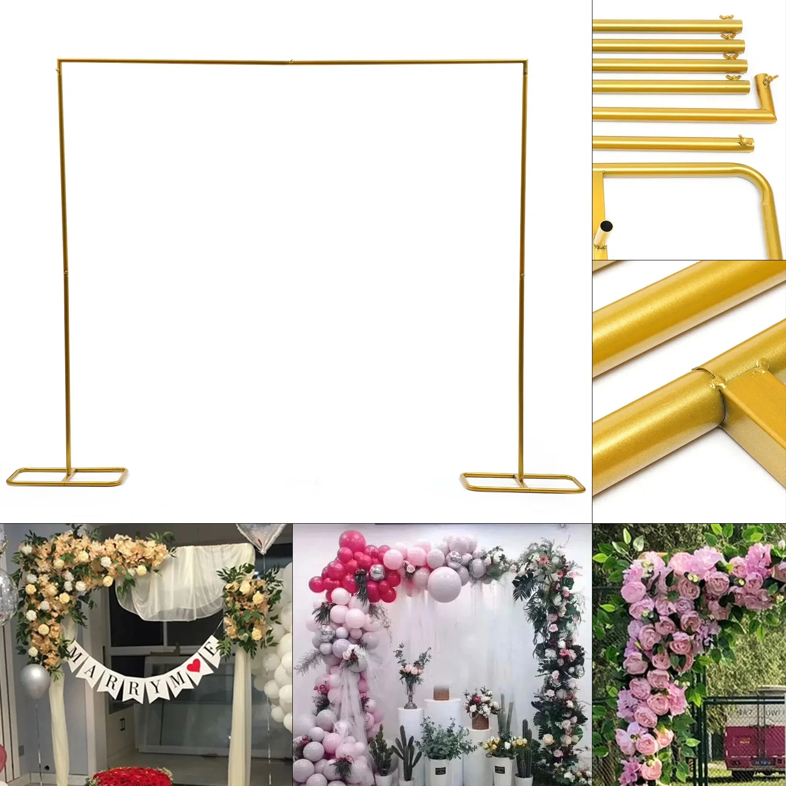 

2X2.1M Gold Wedding Arch Door Square Metal Flower Rack with Bases Background Decorative Frame for Wedding Birthday Party Decor