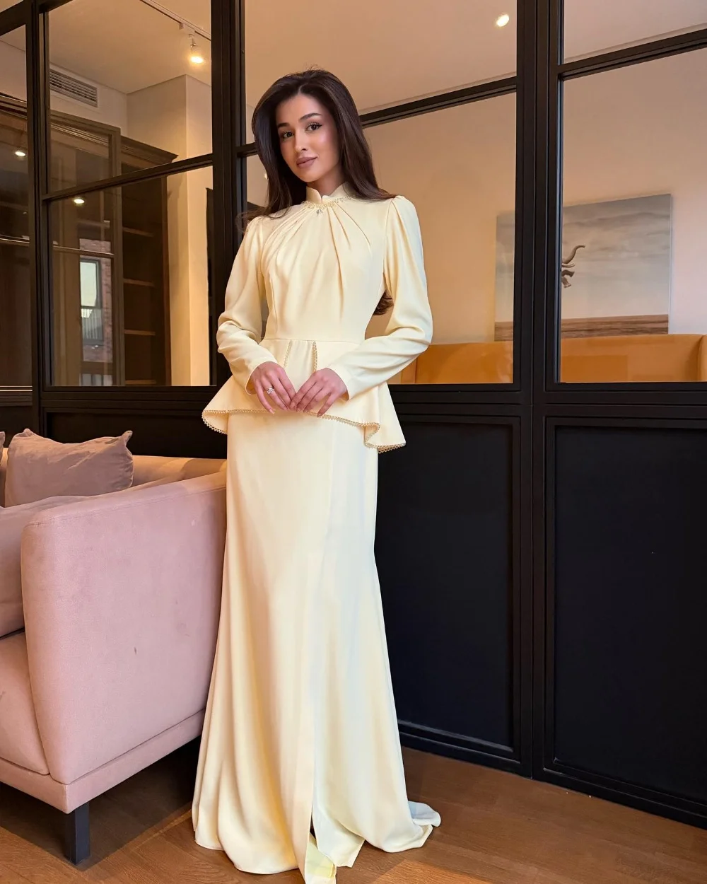 

Customized Matching Exquisite Jersey Yellow Beading Rhinestone Mermaid High Collar Evening Dresses Floor-Length Retro