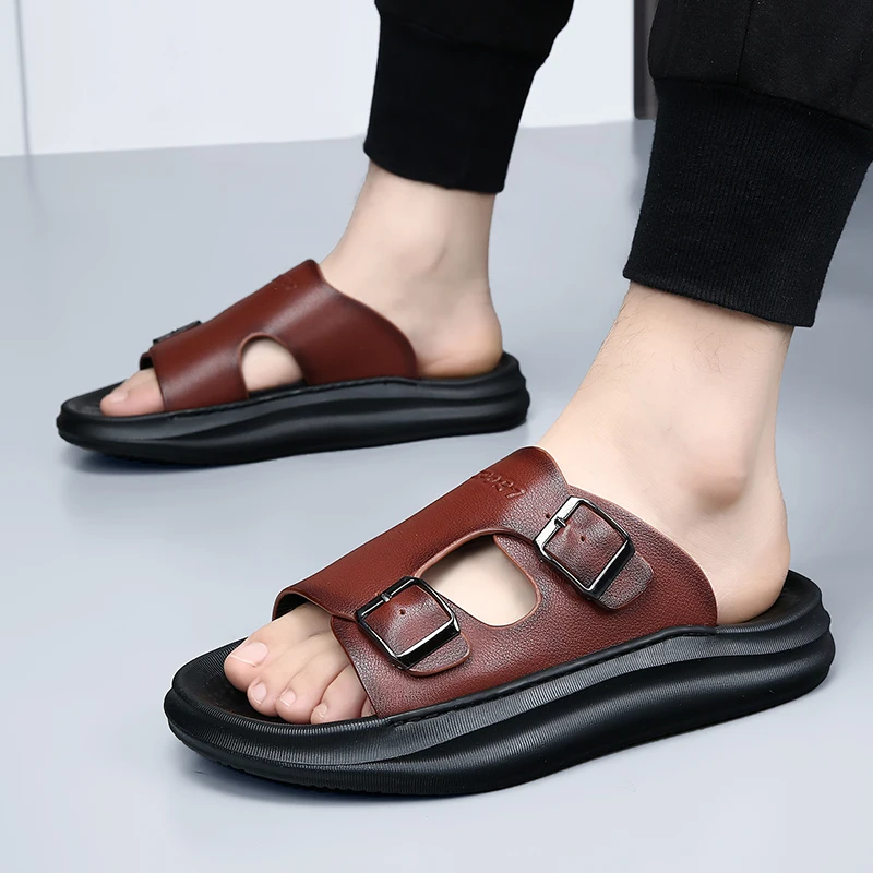 

DIMANYU Men Slippers Summer 2026 New Style Outdoor Non-Slip Genuine Leather Men's Slippers Double Buckle Beach Slippers For Men