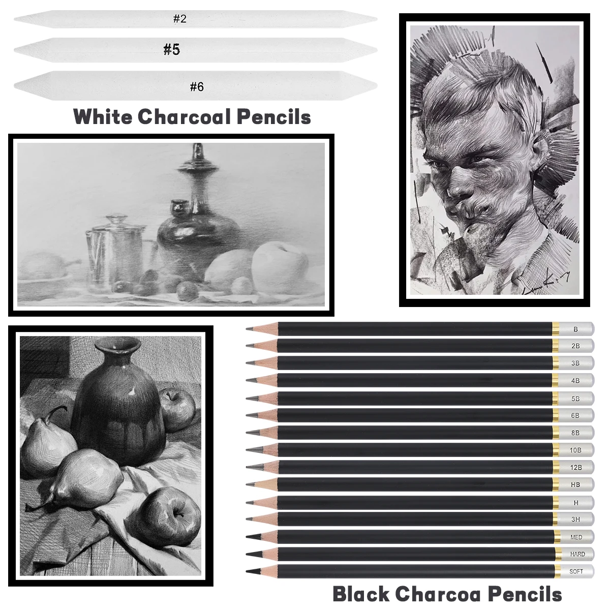 مجموعة أدوات الرسم الرئيسية BVS-32 Art Set: مجموعة رسم مكونة من 32 قطعة مع 17 درجة جرافيت و5 جذوع مزج الفحم وإكسسوارات الاستوديو
