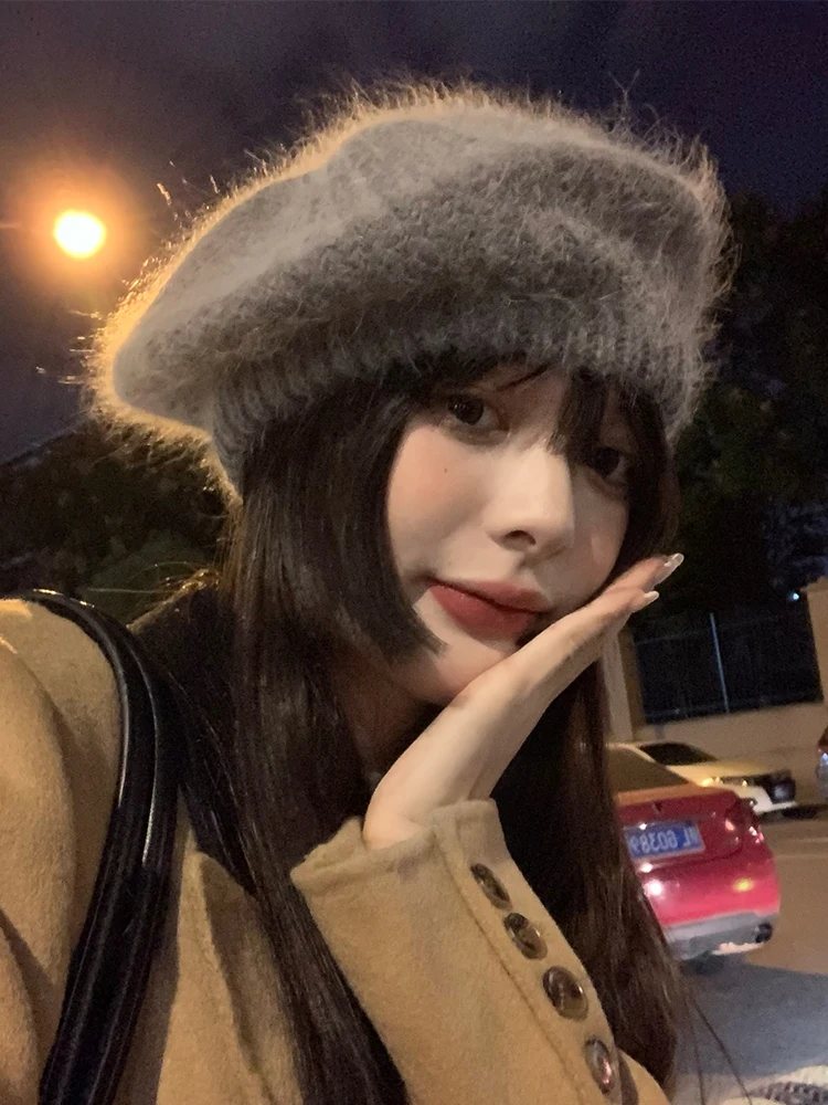 Women's Knitted Beret Hat Small Woolen Thread Painter Style Fall Winter Plush Face Slimming Large Head Circumference Hat