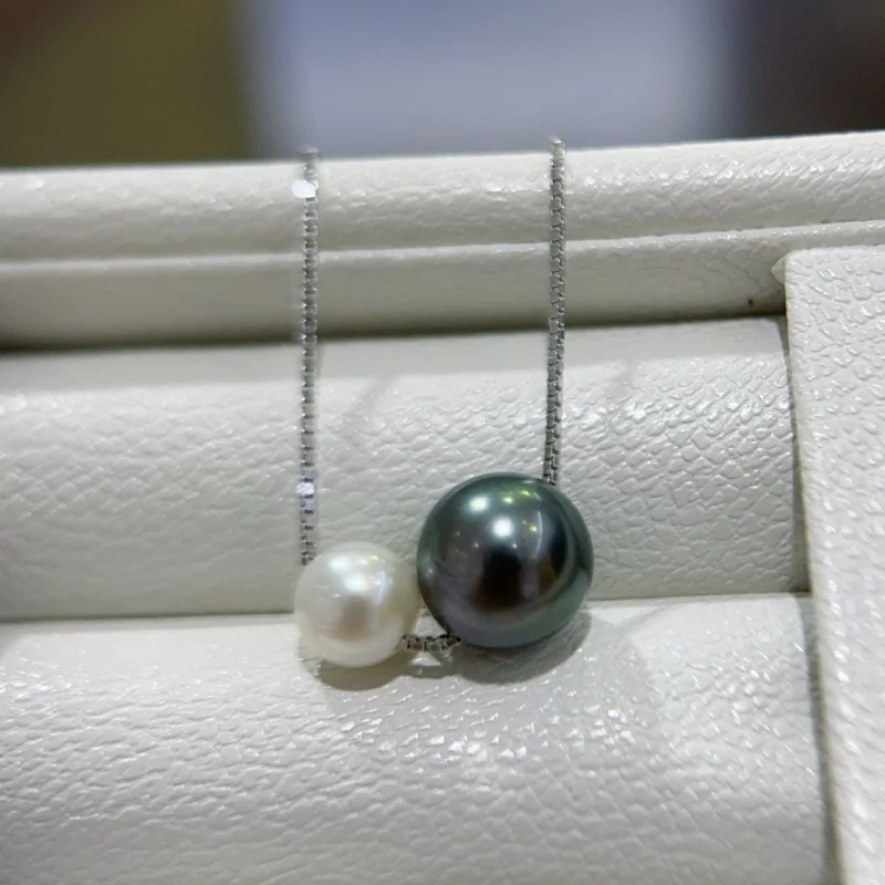 

SGARIT Natural Tahitian Black Pearl Freshwater Double-bead Pendant Women's Necklace 925 Sterling Silver Holiday Luxury Jewelry