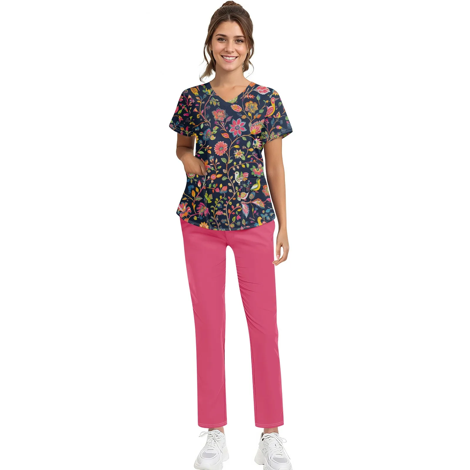

Women'S Nurse Uniform Suit Short-Sleeved Animal Floral Print Pocket Top And Pants Work Clothes Nursing Uniform Two-Piece Suit