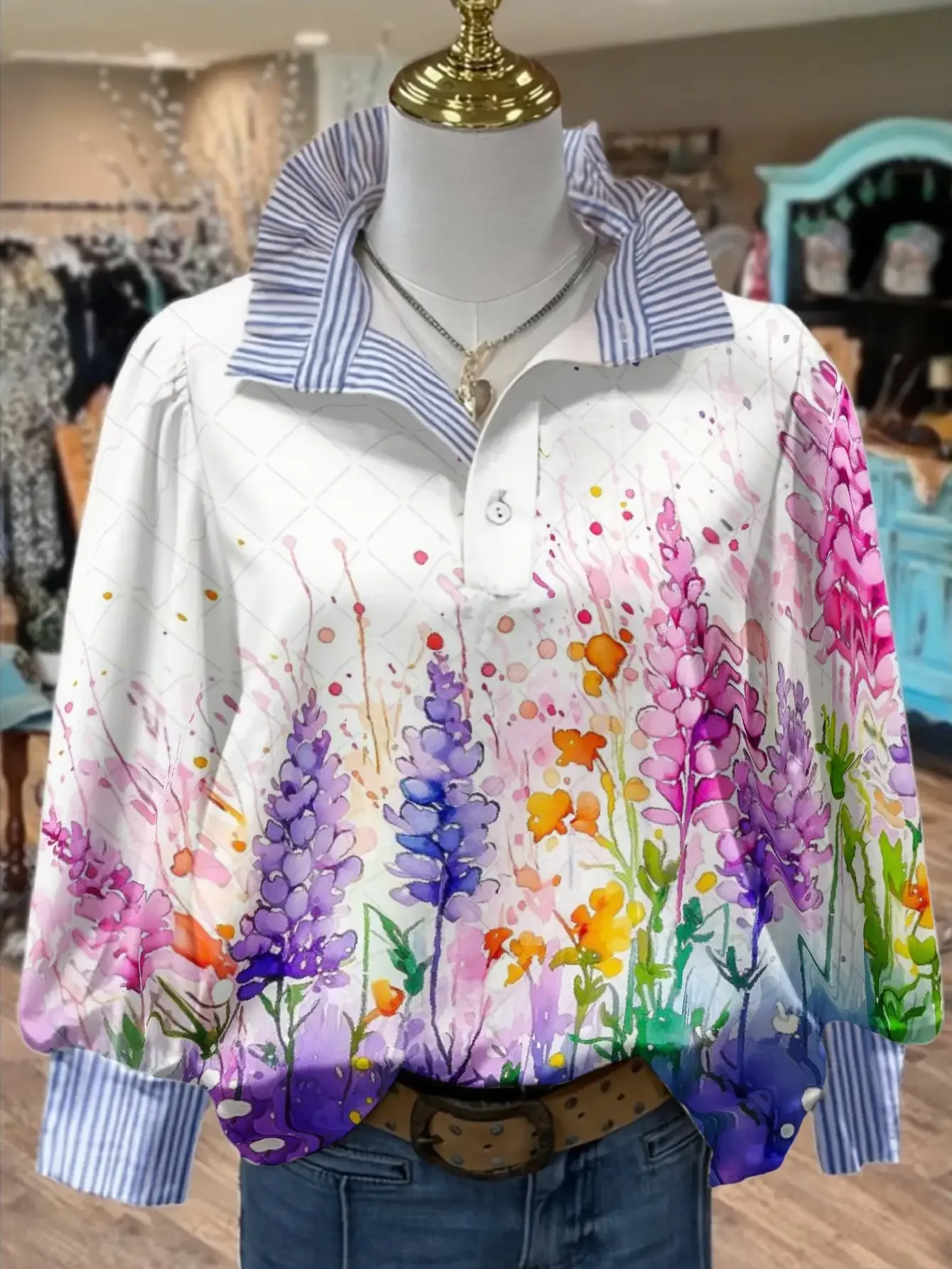 Ladies' Spring and Autumn Winter Collection Women's Stand up Collar Long Sleeve Shirt, with Exquisite Printed Santa Claus