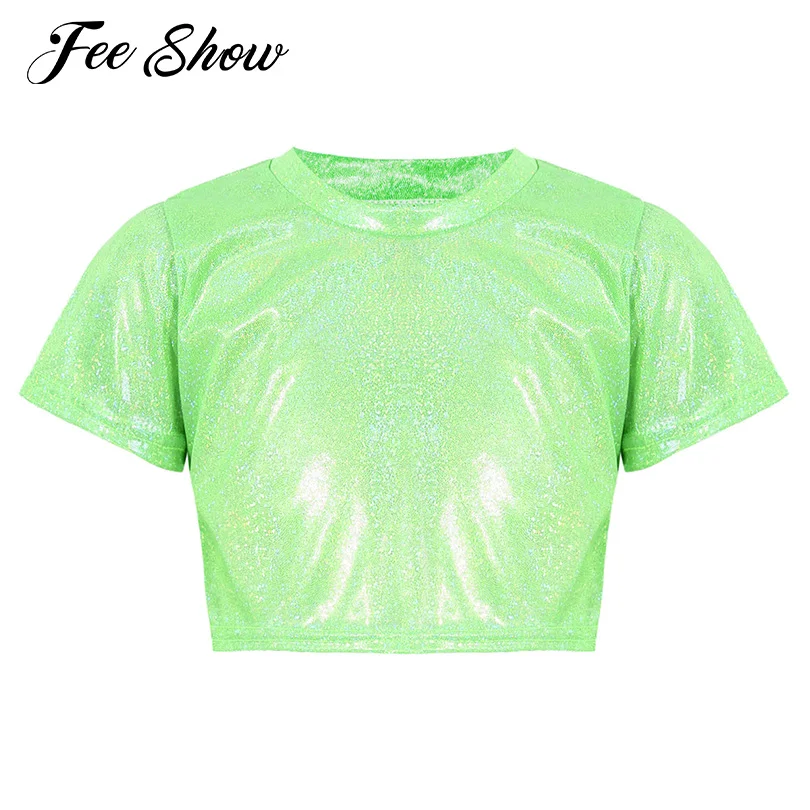 

Kids Girls and Boys Unisex Modern Dance Top Jazz Dance Performance Party Dance Costume Glittering Short Sleeve Crop Top T-shirt