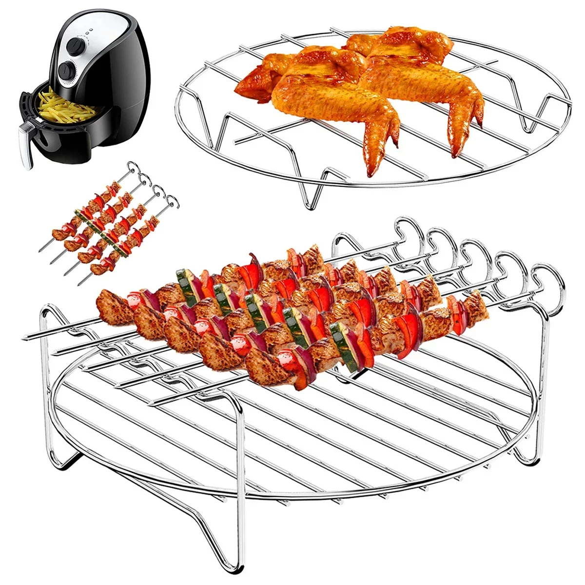 Various Styles Stainless Steel Double Layer Air Fryer Rack Rectangular Grill Baking Fish Cake Stand Oven Cooking Accessories