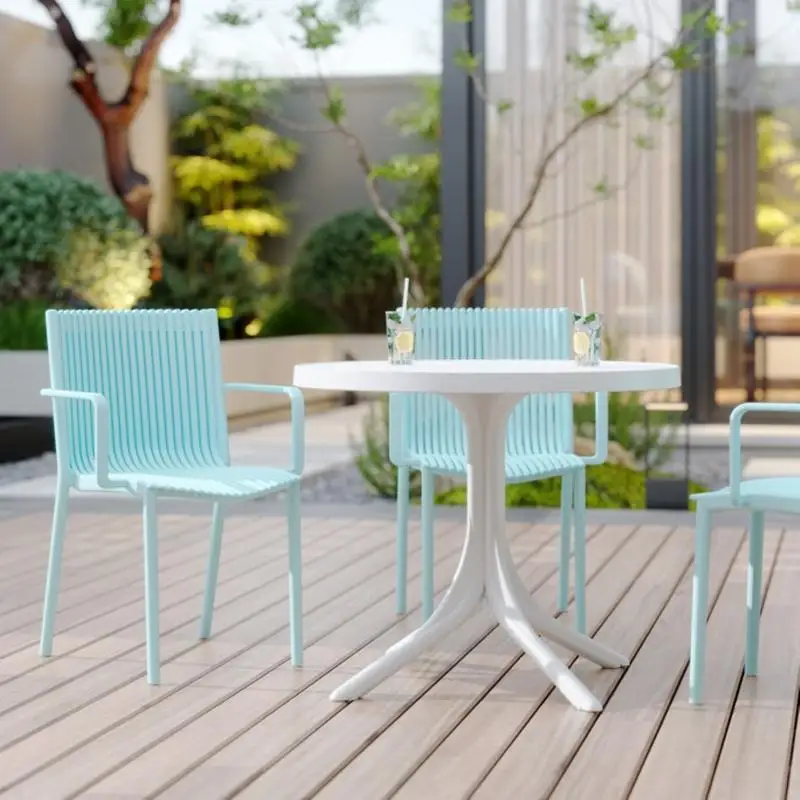 

4-Piece Light Blue Stackable Armchair Set with Ergonomic Slatted Back for Indoor and Outdoor Use, Accompanied by 36-Inch Modern