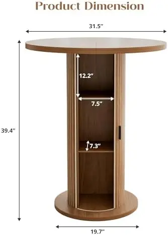 Bar Table with Storage and Sliding Door, 39.4” H 31.5” W Small Round Kitchen Table, Home Bar High Top Cocktail Table