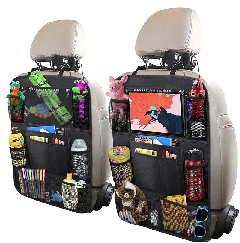 Car Backseat Organizer with Table Holder 9 Storage Pockets Seat Back Protectors Kick Mats for Kids Toddlers Travel Accessories