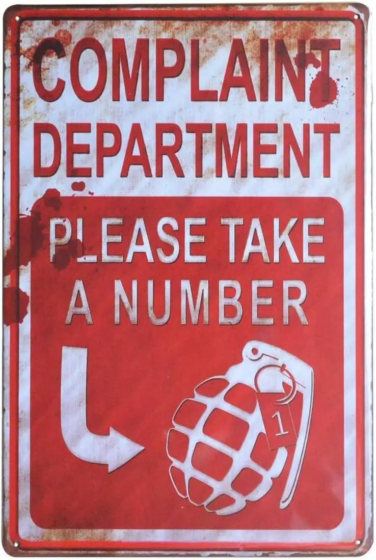 Funny Tin Metal Sign, Complaint Department - Please Take A Number 8x12 Inch/20x30cm Coffee Bar Signs sign