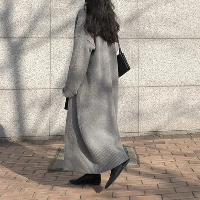 New Long Cardigan Women Elegant Ladies Grey Black Loose Ribbed Knitted Oversize Sweaters Fashion Coat 2023 Autumn Winter