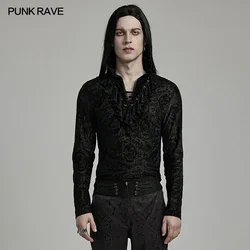 PUNK RAVE Men's Gothic High Collar Embossed Plain Mystery Velvet T-shirt Lace Along The Edge Minimalist Style Casual Tops Tees