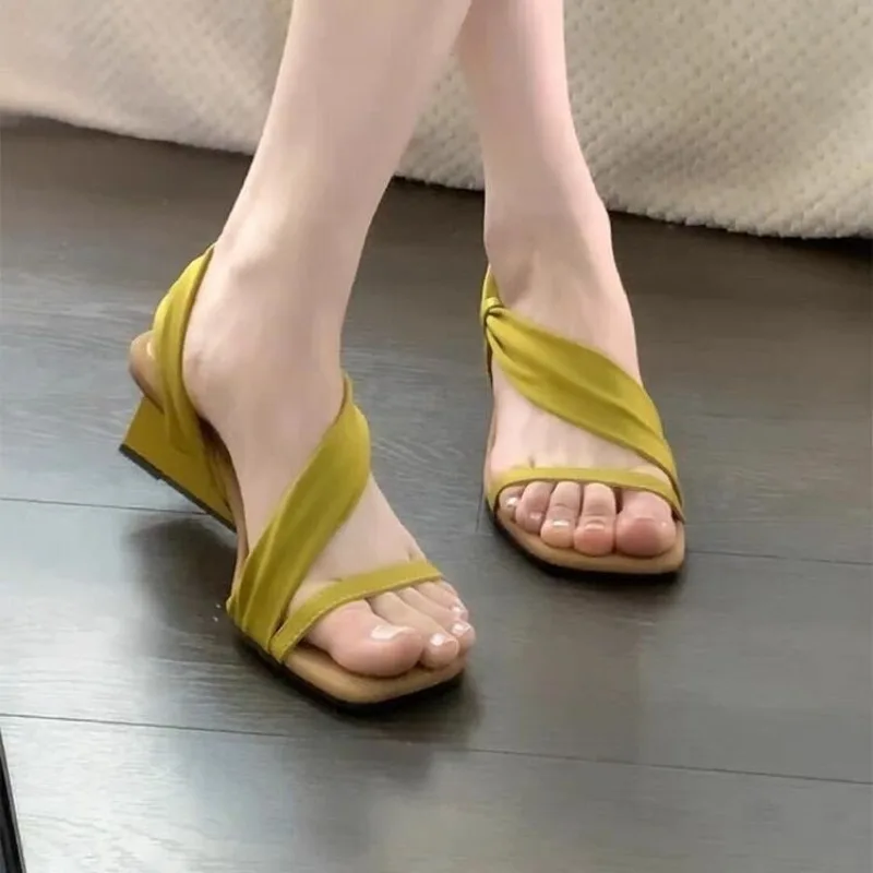 

French Style Two-piece Wedge Platform Open-toe Sandals for Women, Summer Outerwear Style Square-toe High-heeled Sandals