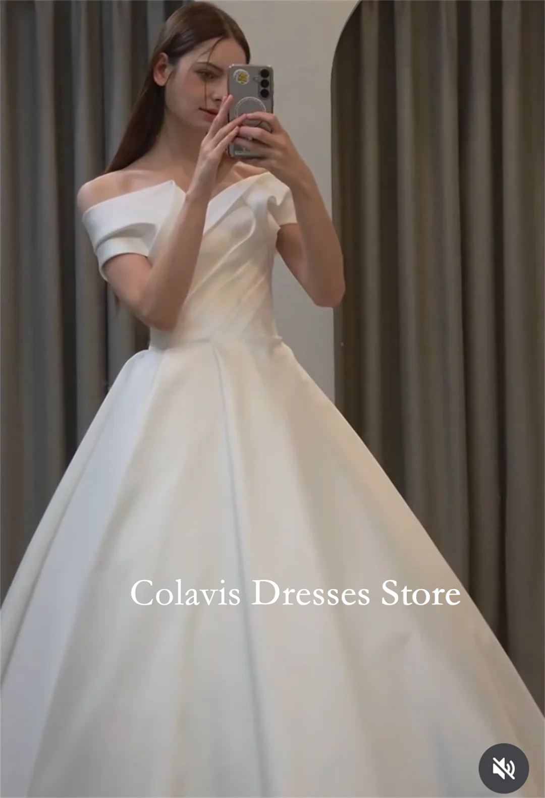 Fanan Customized Off‑the‑Shoulder Satin Lace-up Wedding Dress A-Line Short Sleeves Bridal Gown With Pockets Chapel Train