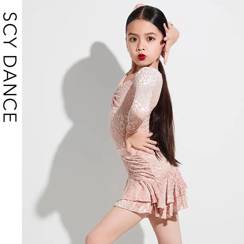 Roupas infantis de dança latina SCY Premium – Novo design de veludo estampado para treinamento profissional e conjunto de desempenho