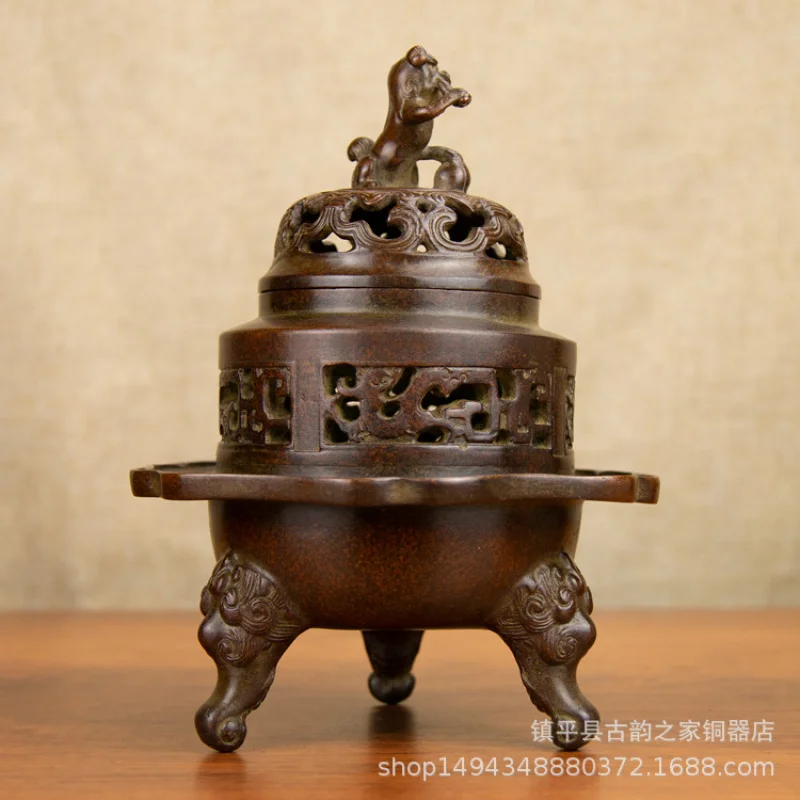 Pure Copper Lion Stepping on Ball Xuande Burner Incense Holder Ornament for Office Home Living Room Shop Study Desktop D