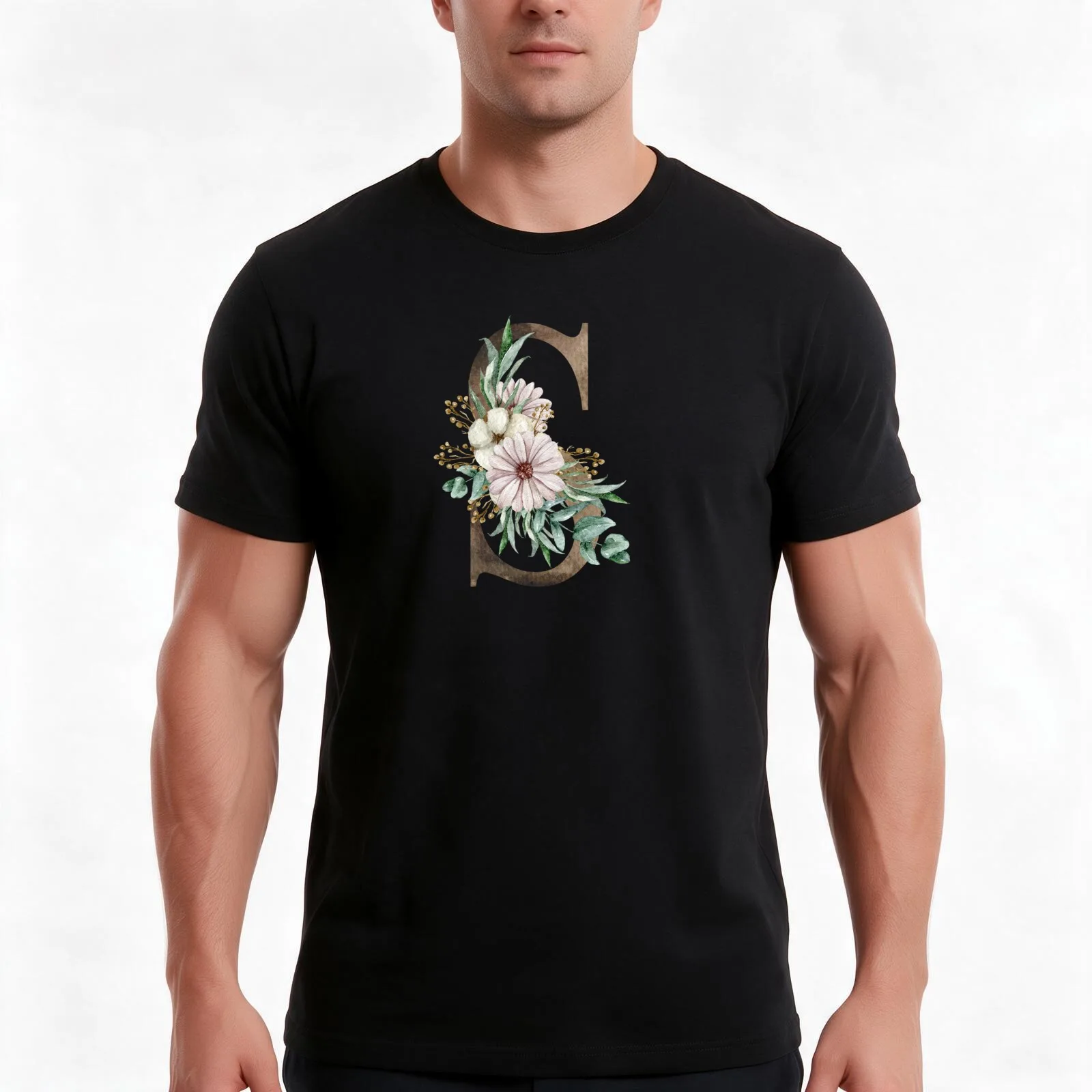 Watercolor floral S wedding monogram letter print T-Shirt, Summer Casual Cotton Tee, Oversized Streetwear Tops, Unisex Men Women