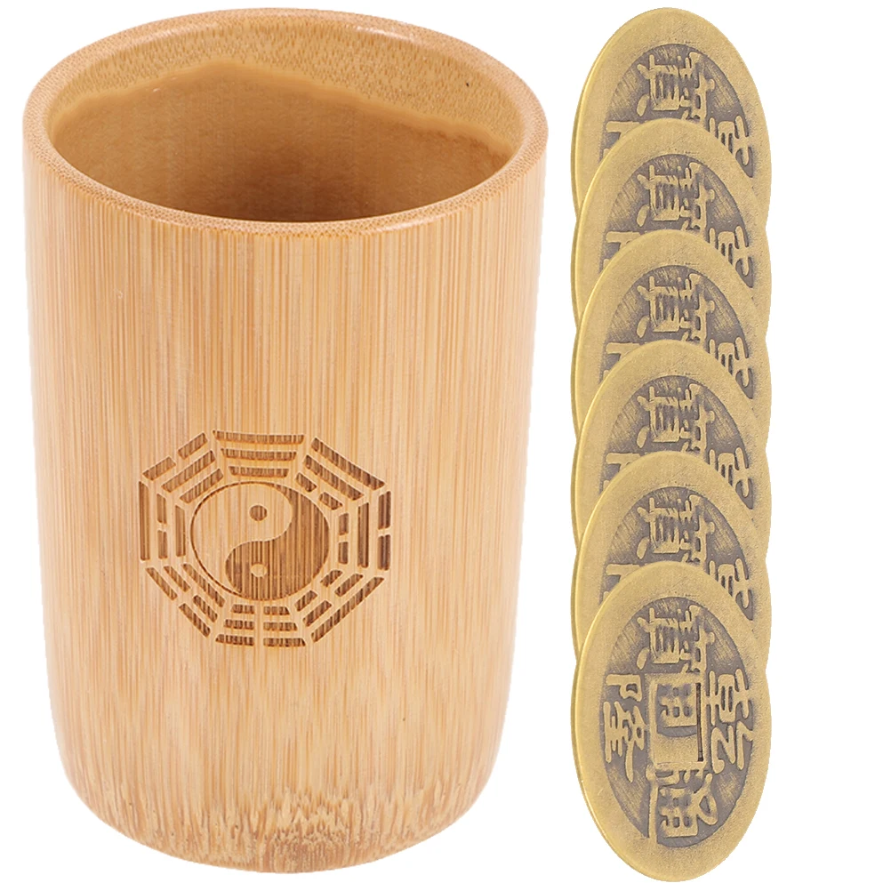 

Bamboo Bucket 6 Copper Coins Divination Set Chinese Style Fortune Telling Supplies Game Props Weird Toys