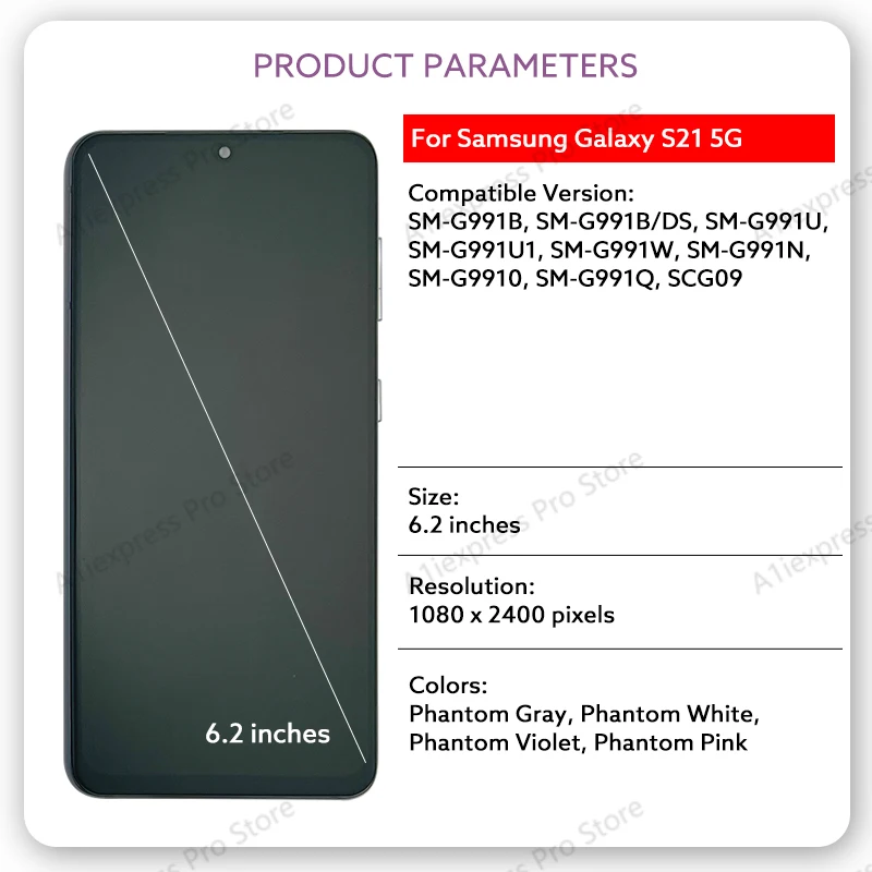 S21 5G Display Touch Screen For Samsung Galaxy G991B AMOLED Digitizer WithFrame Fingerphone Full Screen Repair Replacement Parts