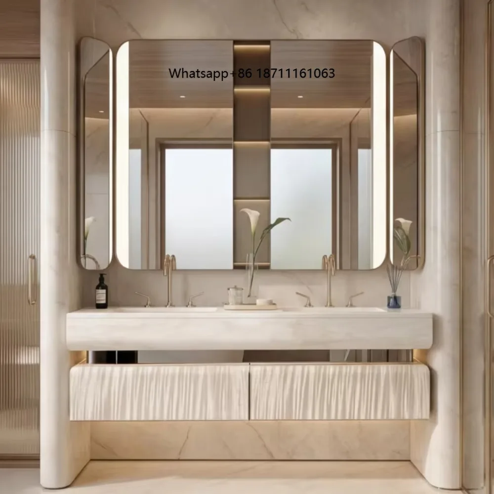 High End Custom Modern Solid Wood Bathroom Vanity Set with Marble Countertop Smart Mirror Water Resistant Seamless Sink
