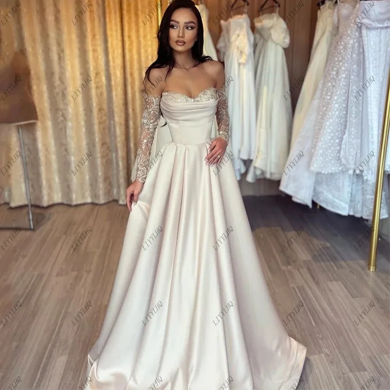 

LIYYLHQ Ivory Prom Evening Dresses Sweetheart Off Shoulder Long Sleeves Satin Lace Saudi Arabia Cocktail Prom Gowns Corset Back