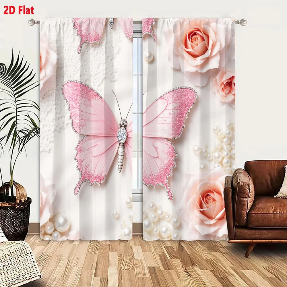 2Pcs Curtains 2D Flat Decorative Arrangement With Prominent Pink Butterfly Central Element, Large Delicate Wings Gradient Pink H