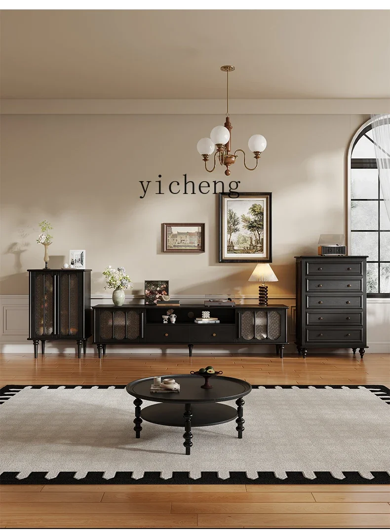 Solid Wood TV Cabinet Living Room Light Luxury High-End Small Apartment French Retro TV High Cabinet