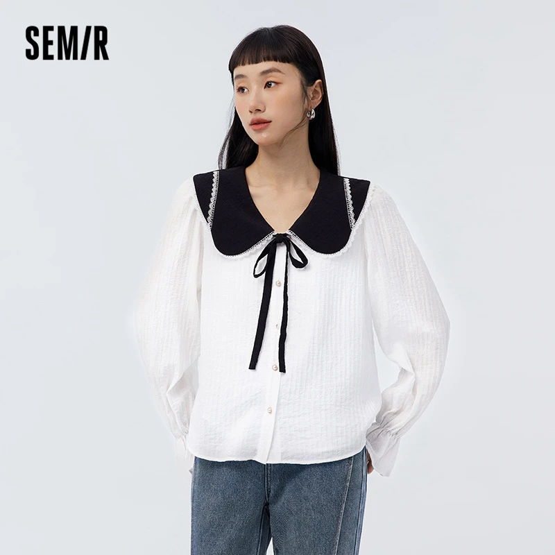 Semir Long Sleeve Blouse Women Contrast Color Gentle Sweet Style 2023 Spring New Style Girl Feeling Large Lapel Texture Shirt