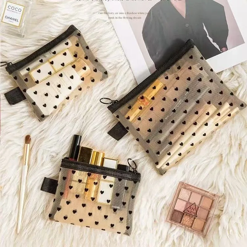 New Flocked Heart Mesh Makeup Bag, Portable Cosmetic Storage Pouch, Simple Stylish See-through Mesh Cosmetic Organizer