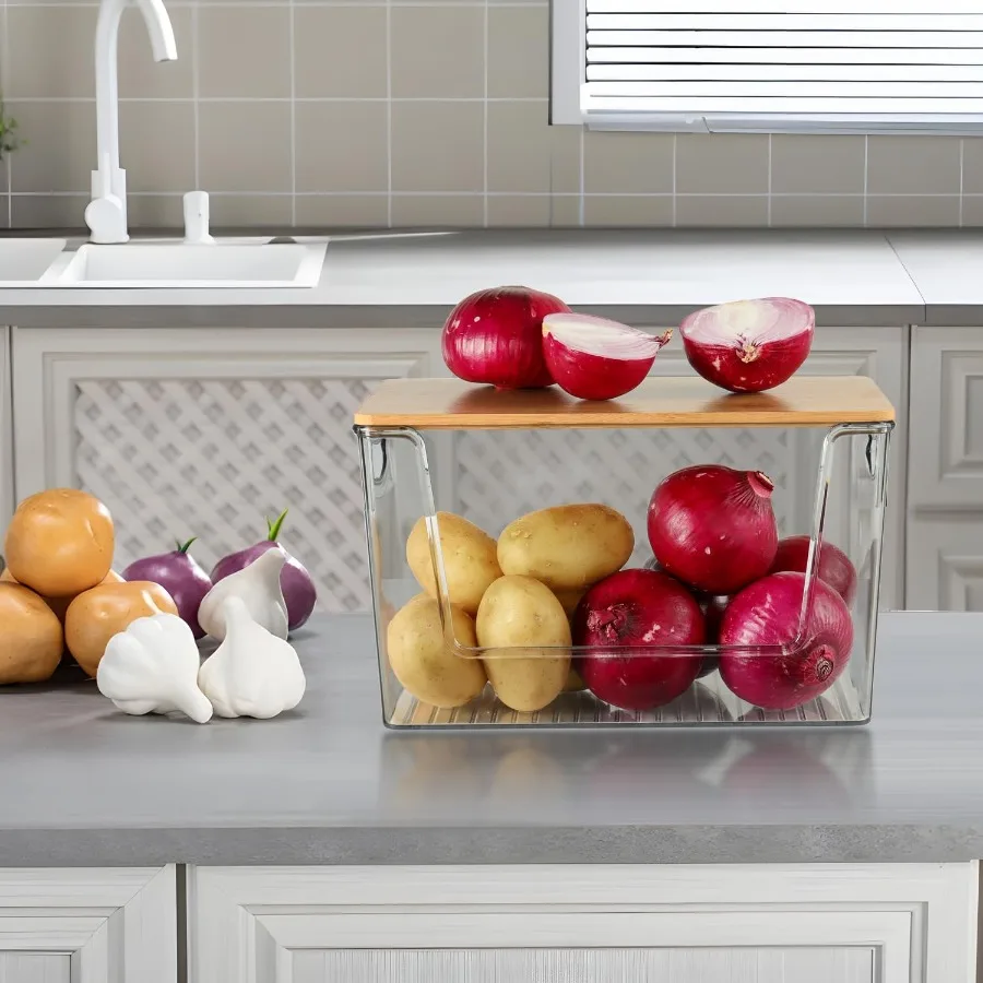 ชุดจัดระเบียบตู้กับข้าว 2 ชิ้น และชุดจัดระเบียบเคาน์เตอร์ครัวแบบซ้อนได้สำหรับใส่หัวหอม มันฝรั่ง กระเทียม ผลไม้ ผัก