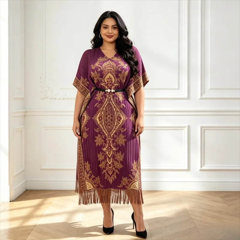 Miyake Pleated Dresses European New Style Simple Fashion Batwing Sleeve Tassel Retro Print Elegant Loose Belt Women's Long Dress