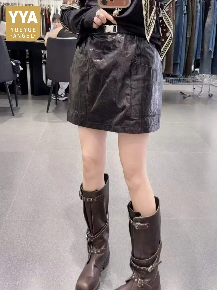 Streetwear Autumn Women Genuine Leather Skirt Hasp High Waist Casual A Line Skirt Female Vintage Oil Wax Cowhide Cargo Skirts