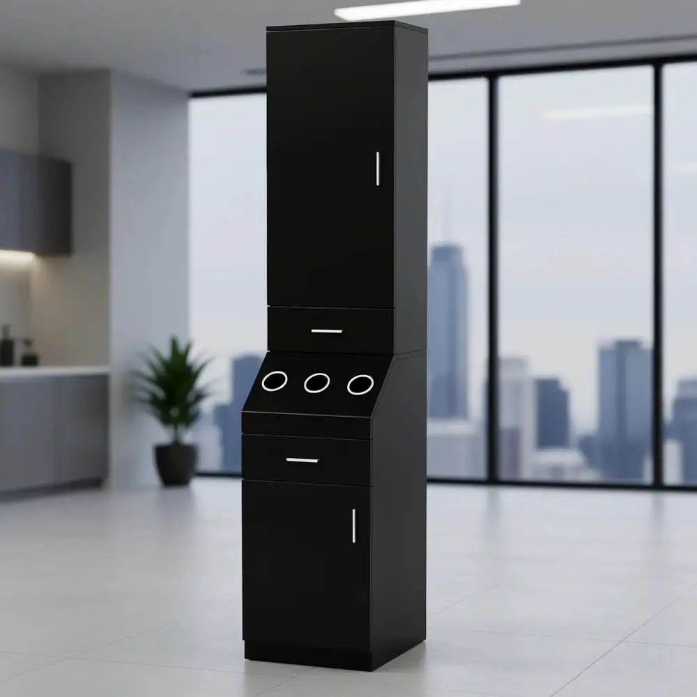

Double-Tier Storage Cabinet with Door, Hair Styling Cabinet, Large Storage, 3 Hot Tool Holders, Black