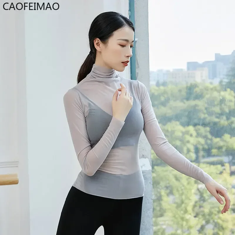 Caofeimao 2025 cuello alto verano primavera secado rápido gasa práctica de baile Top mangas largas transpirable blusa de baile Tops mujeres