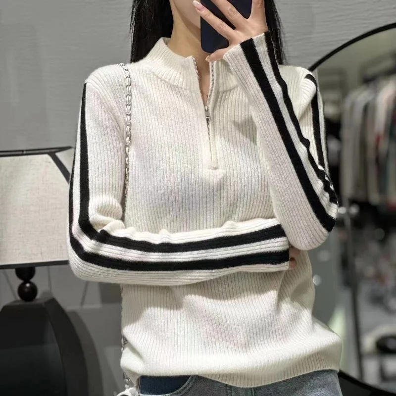 Women's sweater autumn/winter 100% pure wool pullover casual solid color knitted Tops fit stand collar Blouse basic all-match