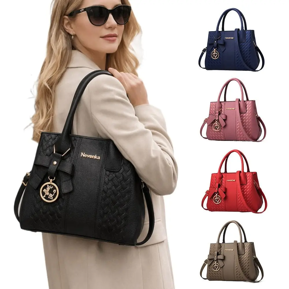 Casual PU Leather Shoulder Bags with Pendant Solid Color Ladies Handbags Large Capacity Embossed Crossbody Bag