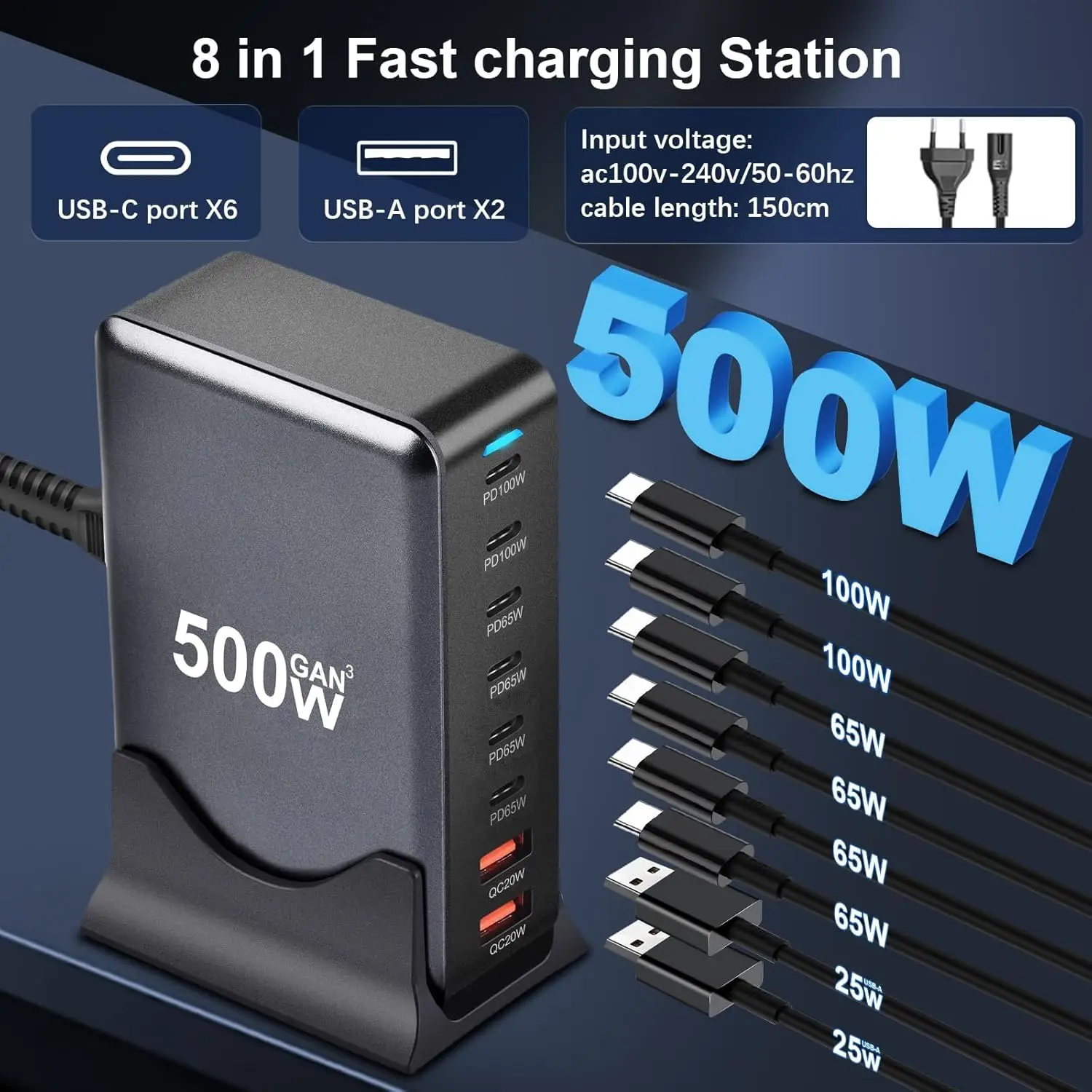 500W USB C Charger Multiple, 8 Ports USB Fast Charger USB Charging Station with 6 USB-C and 2 USB-A Charger PD PPS 100W