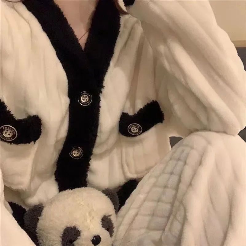 2023 New Flannel Pajamas Women Autumn Winter Homewear Plus Thicken Coral Velvet Warm Household Clothing Suit V-neck Loungewear