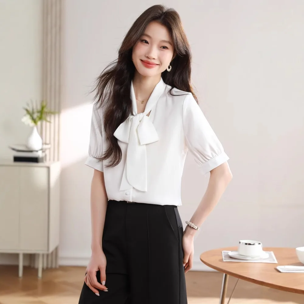 

Женская рубашка с бантом, белый весенне-осенний топ с длинным рукавом, элитная модная атласная рубашка