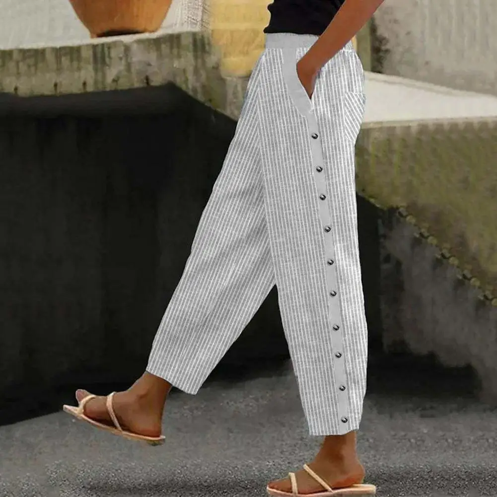 Loose Leg Pants Women Long Pants Striped Print Loose Fit Pants with Elastic Waistband Side Buttons Pockets for Women Summer