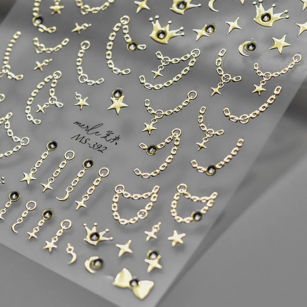 

5D Pearl Chain Nail Sticker Embossed Diamond Line Nail Slider Gold/Silver/White Relief Design Crown Nail Sticker