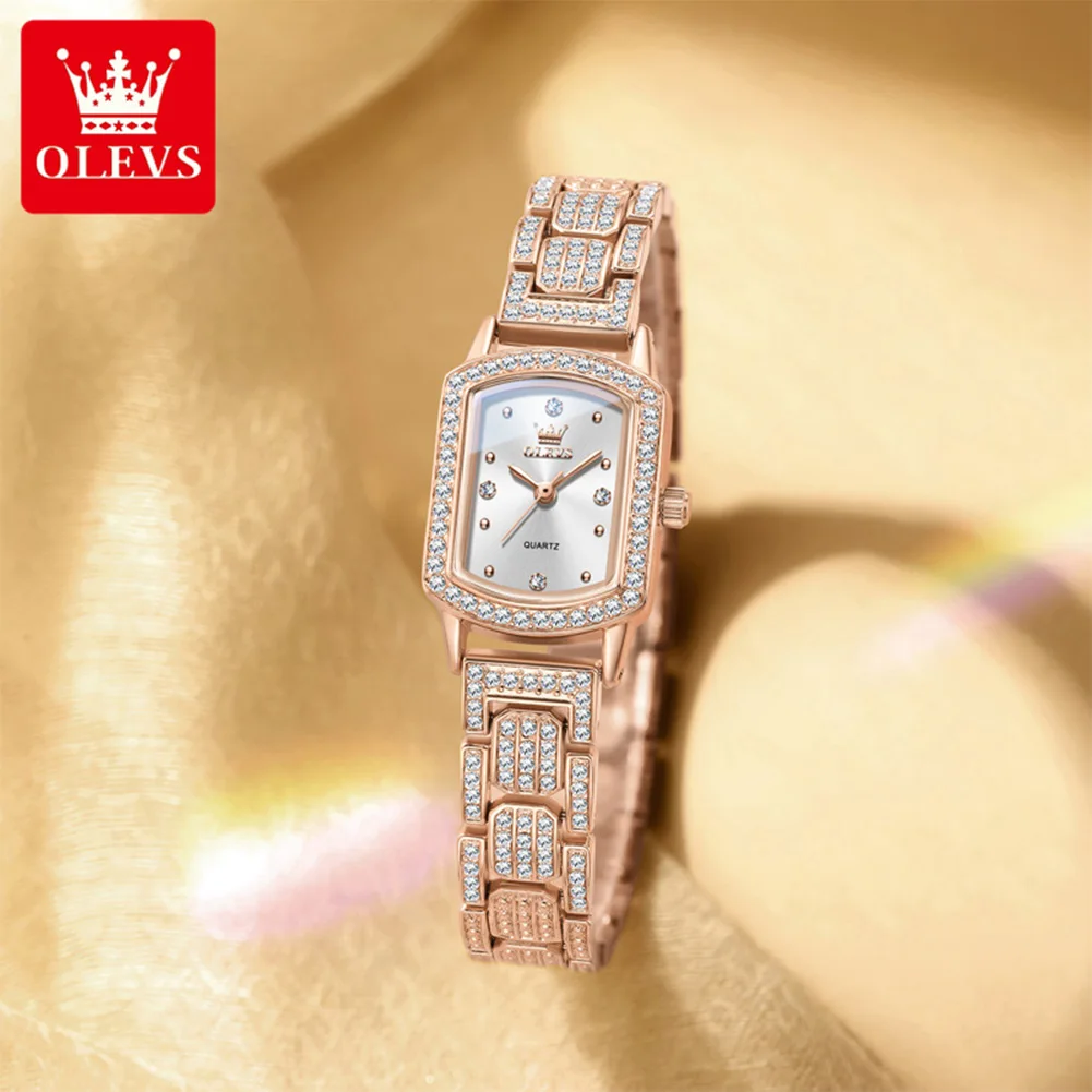 OLEVS 7142 Fashion Quartz Movement Watch For Women Square Diamond Dial 30m Waterproof Barrel Shape Elegance Steel Bracelet Watch