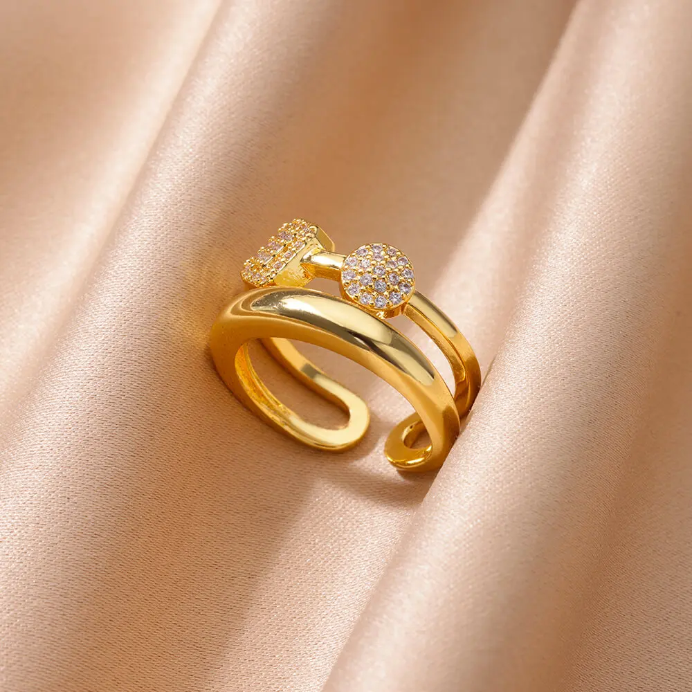 Vintage Geometric Double Layer Rings for Women Stainless Steel Gold Color Adjustable Wedding Ring Aesthetic Jewelry Gift anillos image 4