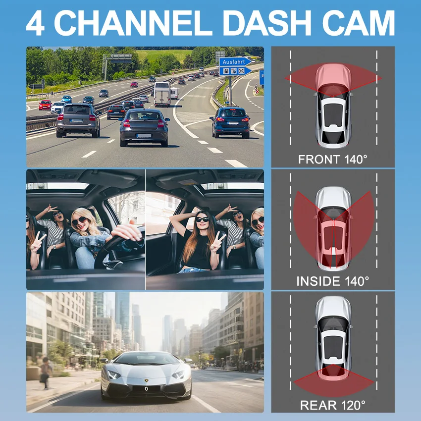 Dashcam 3inch IPS 4channels UHD4K Car Camera WiFi Night Vision Recording Auto DVR Loop Dash Recorder Vehicle Accessories