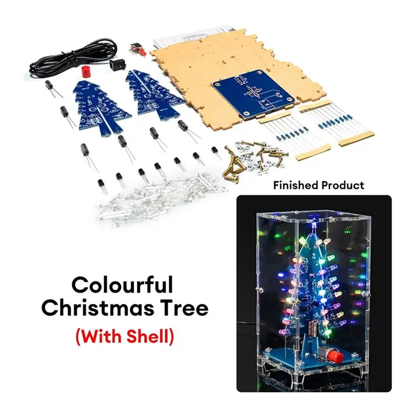AWAH RGB LED Flashing Christmas Tree DIY Kit+Case Electronics Soldering Colorful 3D Xmas Tree DIY Kit For Soldering Practice