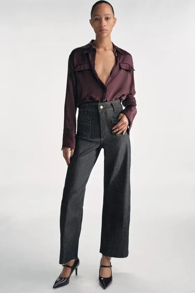 

Casual High Waist Wide Leg Jeans Women's Autumn New Style Pocket Decorated Versatile Loose Fit Long Pants Fashionable Ladies