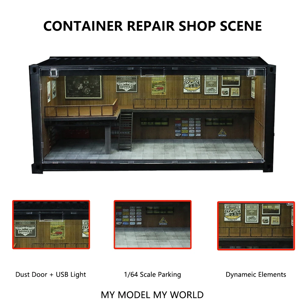 

Initial D And Repair Shop 1:64Container Scenario Car Garage Models LED Lighting Car Parking Dustproof Collection Scene Model Toy
