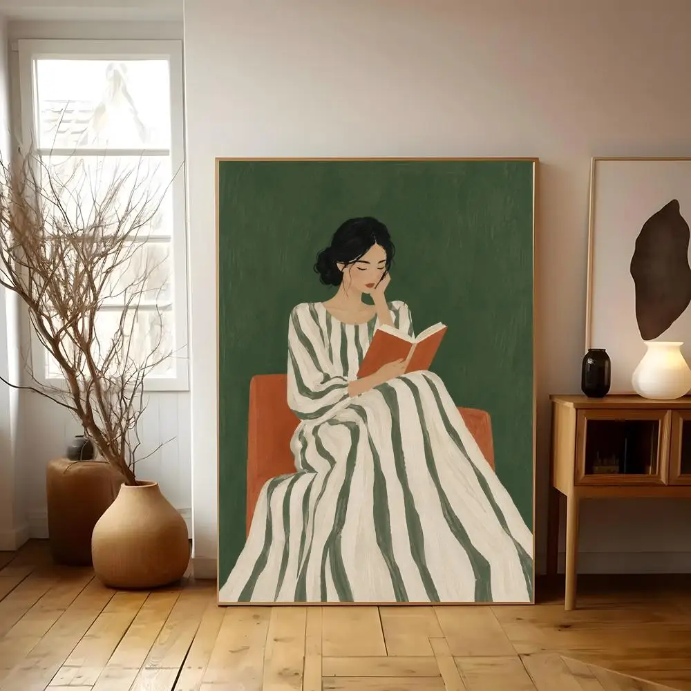 Emerald Green Woman Reading Wall Art Minimalist Abstract Print Modern Home Decor Poster